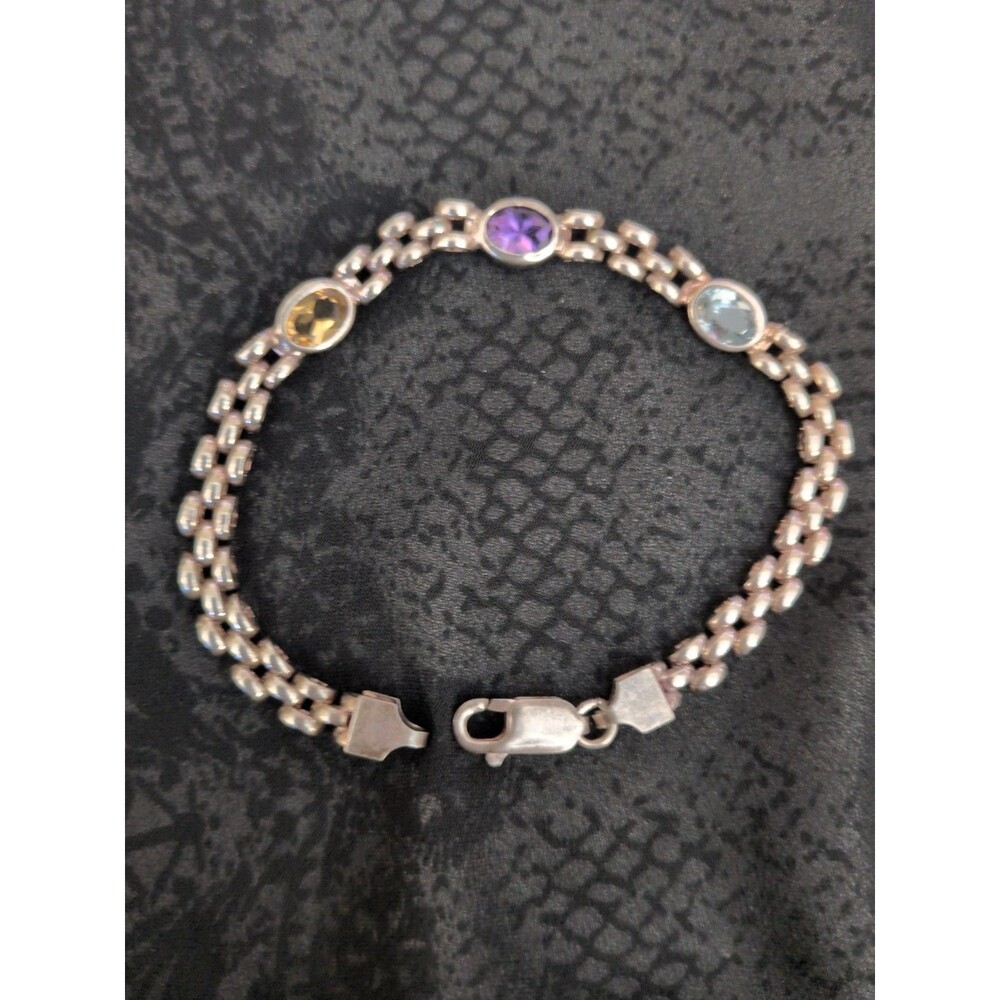 Vintage Sterling Silver Panther Link Bracelet with Amethyst, Blue Topaz, Citrine